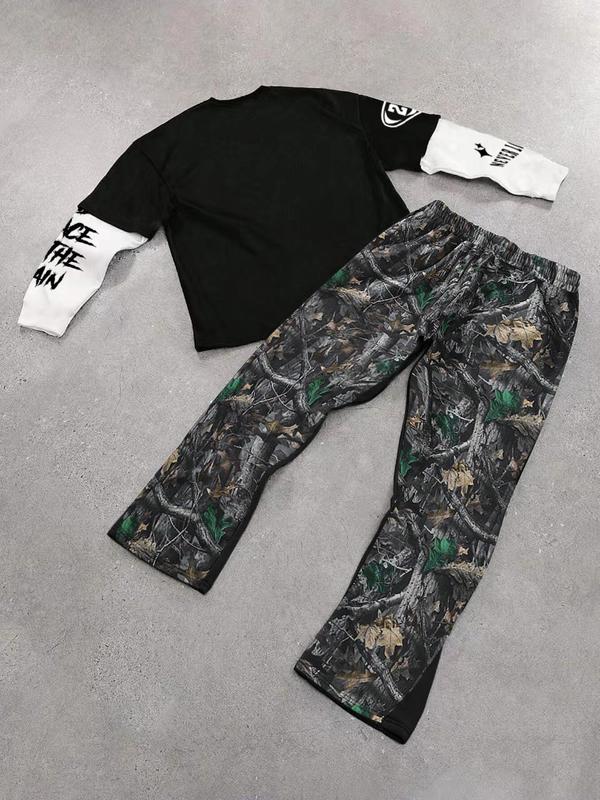 Men's Colorblock Patchwork & Tree Print Two-piece Set, Regular Fit Long Sleeve Round Neck Top & Drawstring Waist Pants, Casual Fashion Cozy Breathable Men Two-piece Outfits for All Seasons