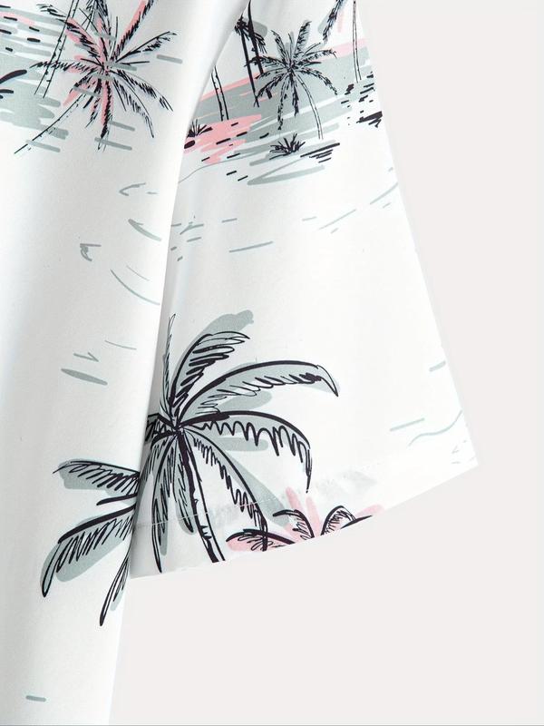 Men's Loose Coconut Tree Print Button Front Shirt, Short Sleeve Hawaiian Shirt, Casual Summer Top for Beach Vacation Tropical