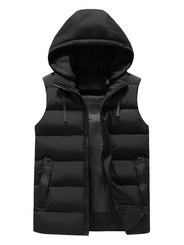 Men's Solid Zip Up Warm Hooded Vest Jacket, Regular Fit Casual Drawstring Design Sleeveless Winter Outerwear for Spring & Fall, Fashion Men's Clothes for Daily Wear