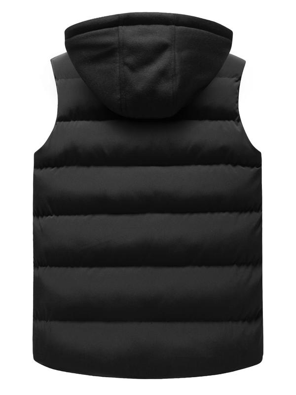 Men's Solid Zip Up Warm Hooded Vest Jacket, Regular Fit Casual Drawstring Design Sleeveless Winter Outerwear for Spring & Fall, Fashion Men's Clothes for Daily Wear