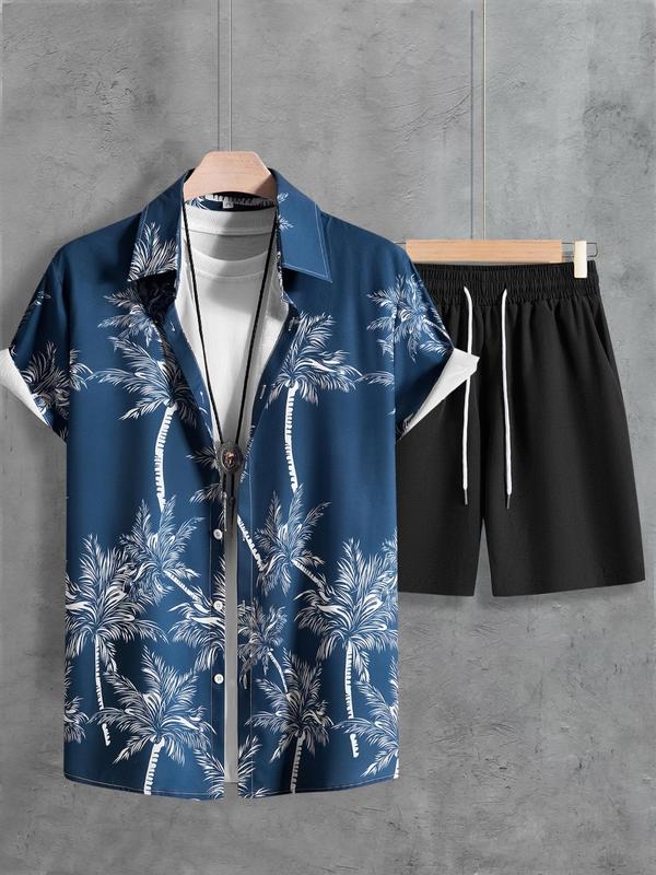 Two Counts Men's Coconut Tree Print Co-ord Two Piece Set, Regular Fit Short Sleeve Button Front Shirt & Drawstring Pocket Shorts Two-piece Set, Back to School Outfits, Hawaiian Summer Clothes Set for Beach Vacation