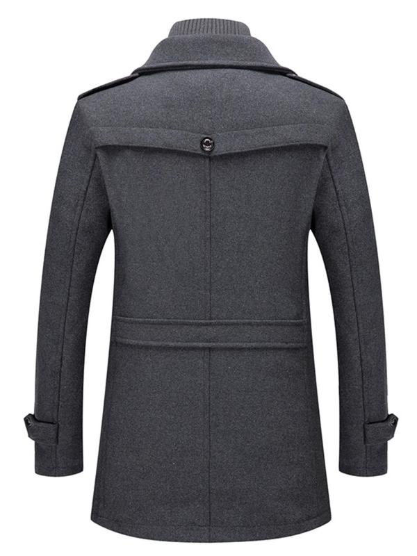 Men's Solid Button Front Pocket Zipper Wool Coat, Regular Fit Long Sleeve Lapel Neckline Outerwear for Fall & Winter, Men's Clothes for Business Work Daily Wear