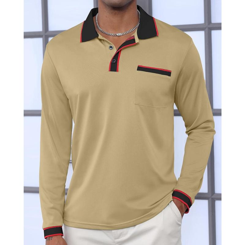 Polo Shirts Contrast Color Patchwork Golf Shirts for Long Sleeve T-Shirt Tops with Pocket Menswear Man Casual Beige Biker Plain Wetsuit Longsleeves Motocross