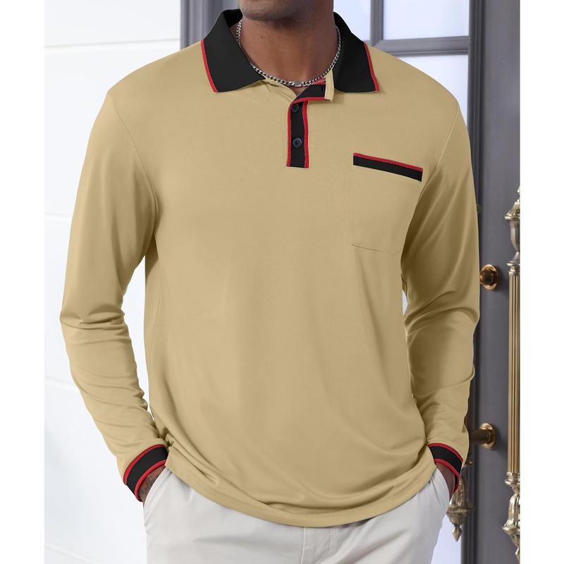 Polo Shirts Contrast Color Patchwork Golf Shirts for Long Sleeve T-Shirt Tops with Pocket Menswear Man Casual Beige Biker Plain Wetsuit Longsleeves Motocross