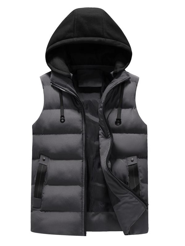 Men's Solid Zip Up Warm Hooded Vest Jacket, Regular Fit Casual Drawstring Design Sleeveless Winter Outerwear for Spring & Fall, Fashion Men's Clothes for Daily Wear