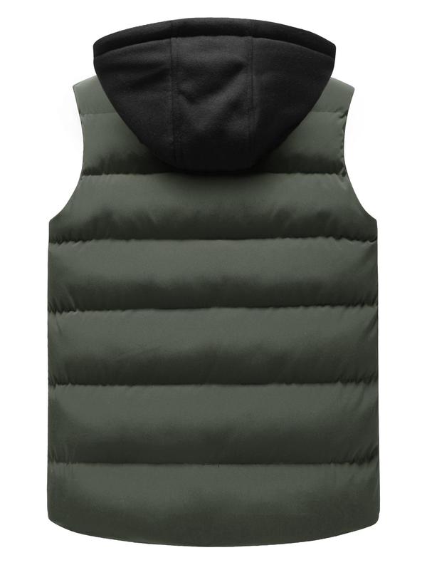 Men's Solid Zip Up Warm Hooded Vest Jacket, Regular Fit Casual Drawstring Design Sleeveless Winter Outerwear for Spring & Fall, Fashion Men's Clothes for Daily Wear