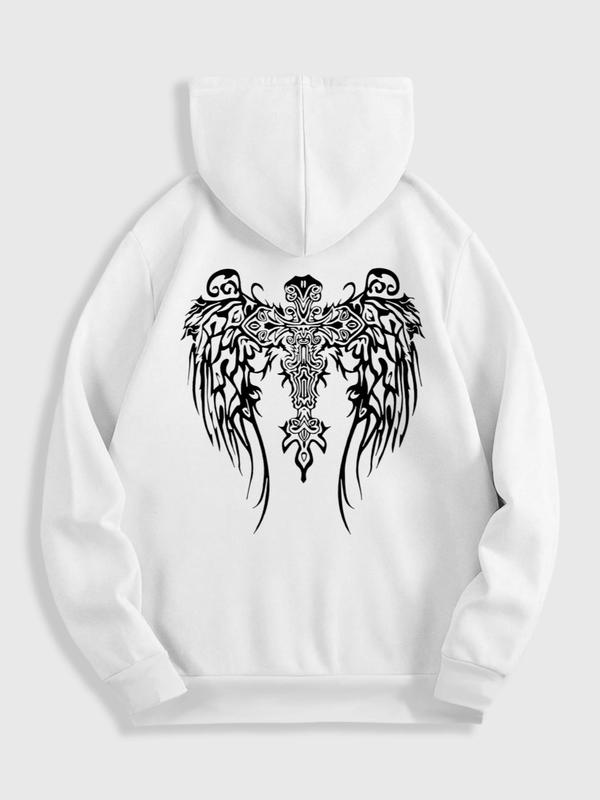 Menswear Cross & Wings Print Pocket Drawstring Zip Up Hoodie, Regular Fit Casual Drop Shoulder Long Sleeve Hooded Outerwear, Men's Fall & Winter Clothes, Poser Hoodie