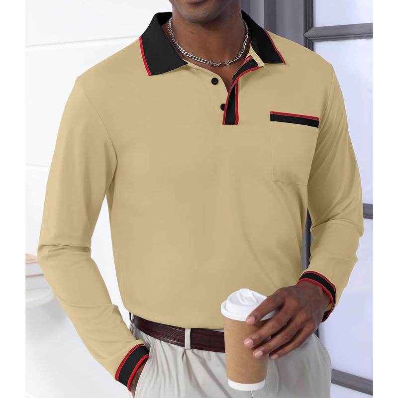 Polo Shirts Contrast Color Patchwork Golf Shirts for Long Sleeve T-Shirt Tops with Pocket Menswear Man Casual Beige Biker Plain Wetsuit Longsleeves Motocross