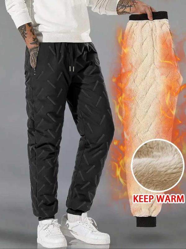 Men's Regular Fit Solid Drawstring Waist Thermal Lined Pants, Casual Comfy Pocket Trousers for Fall & Winter, Men's Bottoms for Outdoor Activities