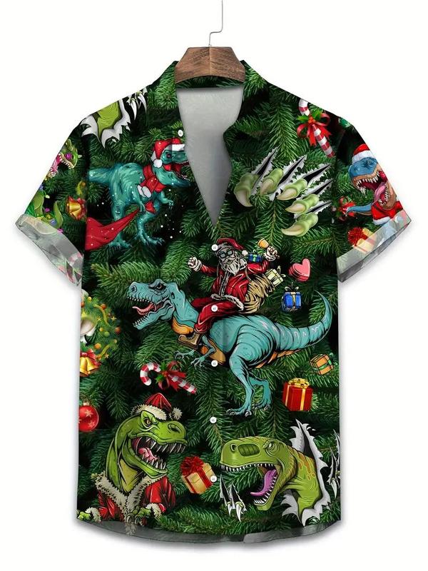 Plus Size Men's Polyester Hawaiian Shirt - Casual Fashion Lapel Button-Down with Unique Santa & Dinosaur Christmas Print  Non-Stretch Woven Fabric for SpringSummerFall