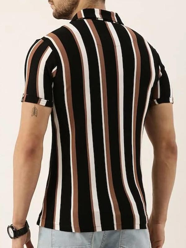 Men's Summer Clothes, Striped Print Button Front Short Sleeve Shirt, Regular Fit Collared Shirts,  Shirts for Men,  Summer Casual Woven Streetwear for Men