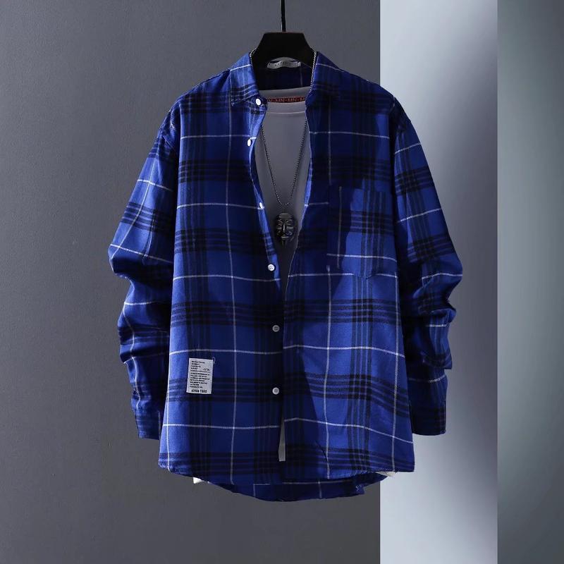 Plaid Shirt Men's Long Sleeve Korean Style Fashionable Summer Clothing Jacket Handsome Plaid Shirt Ins Hong Kong Style Japanese Style Shirt Halloween