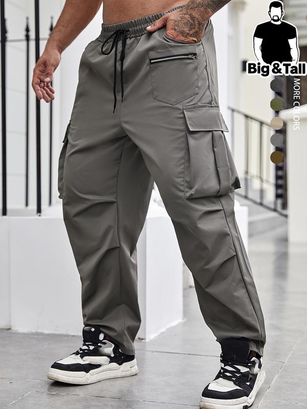 Men's Plus Size Regular Fit Solid Flap Zipper Pocket Cargo Pants, Casual Drawstring Pants for Daily Wear, Pants for Men, Fashion Plus Size Trousers, Summer Outfits 2024, Pants for Men