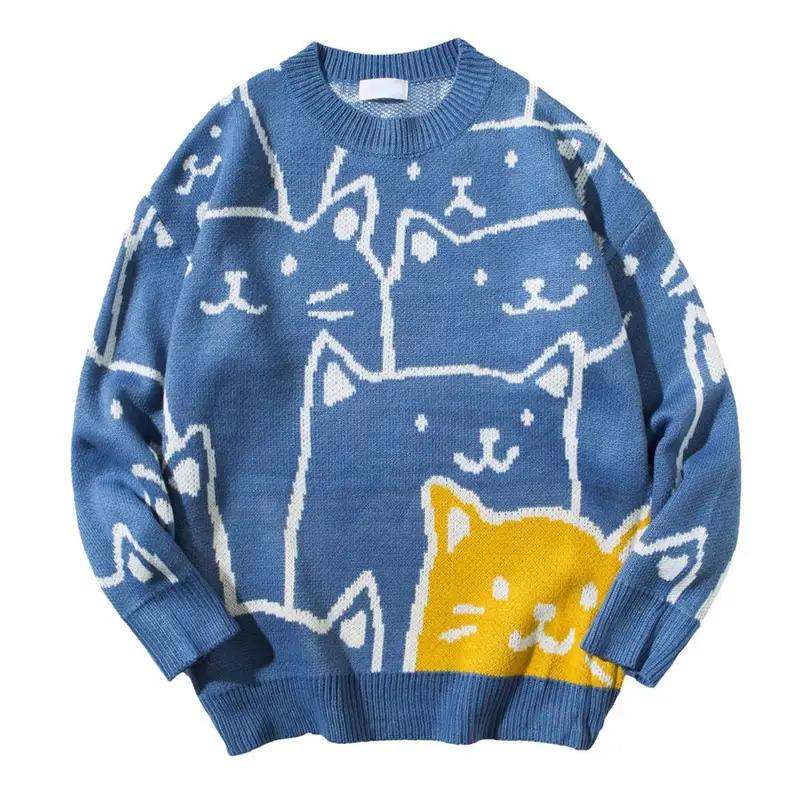 Cartoon Cat Knitted Sweater Japanese Retro Harajuku Pullover Men Tops Knitwear For Winter Autumn