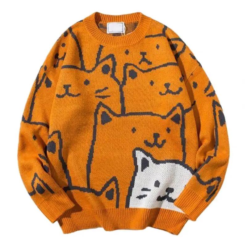 Cartoon Cat Knitted Sweater Japanese Retro Harajuku Pullover Men Tops Knitwear For Winter Autumn