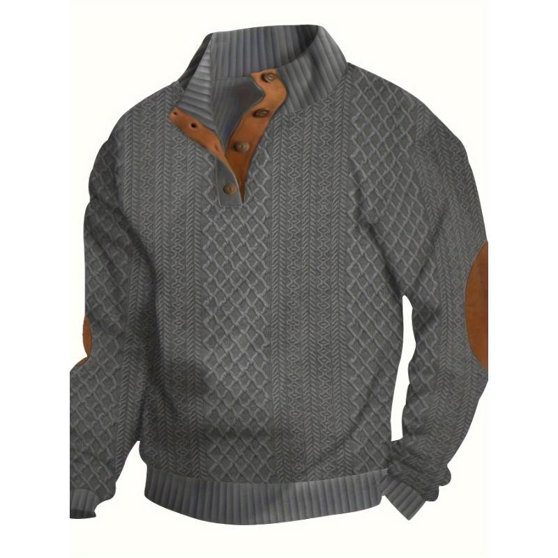 Men's Classic Jacquard Stand Collar Pullover Long Sleeve Sweater for Fall Winter - Casual, Knit, Button Detail, Regular Fit, Polyester, Non-Transparent, Straight Sleeve, Hand Wash or Dry Clean, Available in Navy, Dark Gray, Black, Khaki, Si