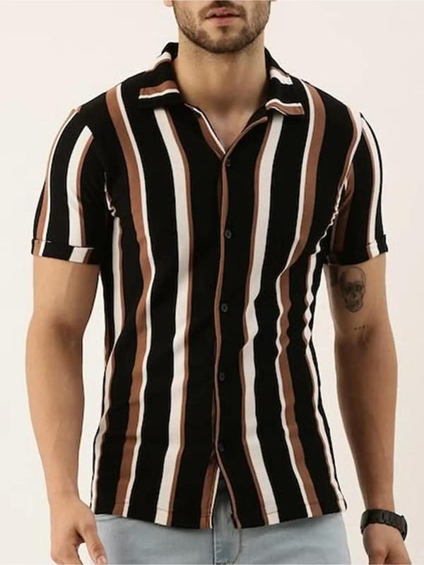 Men's Summer Clothes, Striped Print Button Front Short Sleeve Shirt, Regular Fit Collared Shirts,  Shirts for Men,  Summer Casual Woven Streetwear for Men