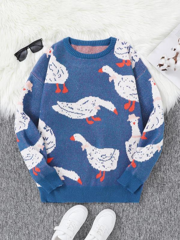 Unisex Men's Cartoon Duck Print Drop Shoulder Sweater, Fashion Round Neck Long Sleeve Jumper, Men Clothing for Daily Wear Fall Sweaters Tops