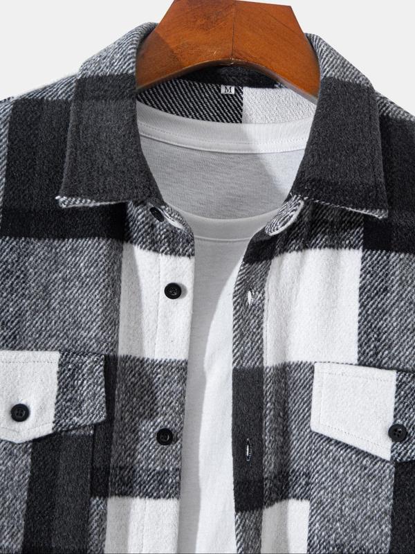 Men's Random Plaid Print Button Front Flap Pocket Shirt Jacket, Loose Casual Long Sleeve Collared Outerwear for Fall & Winter, Men's Clothes for Daily Wear