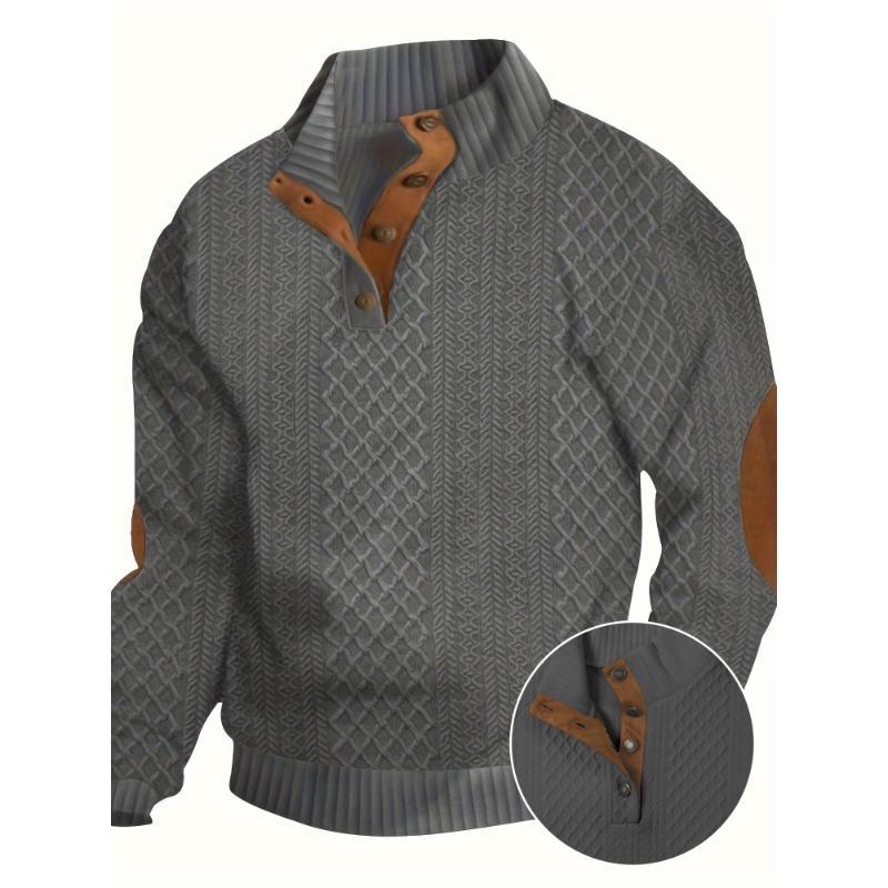 Men's Classic Jacquard Stand Collar Pullover Long Sleeve Sweater for Fall Winter - Casual, Knit, Button Detail, Regular Fit, Polyester, Non-Transparent, Straight Sleeve, Hand Wash or Dry Clean, Available in Navy, Dark Gray, Black, Khaki, Si