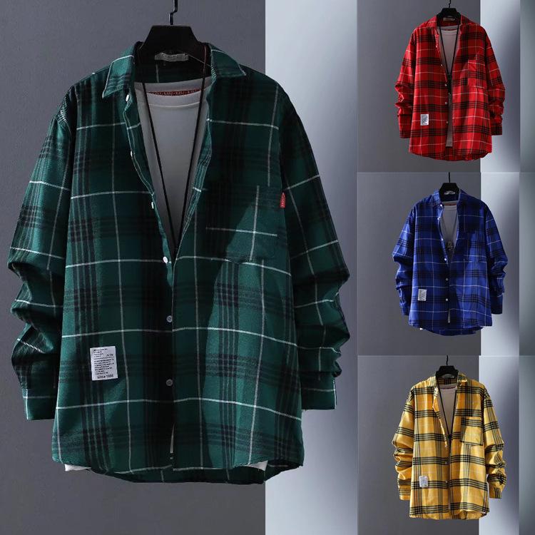 Plaid Shirt Men's Long Sleeve Korean Style Fashionable Summer Clothing Jacket Handsome Plaid Shirt Ins Hong Kong Style Japanese Style Shirt Halloween