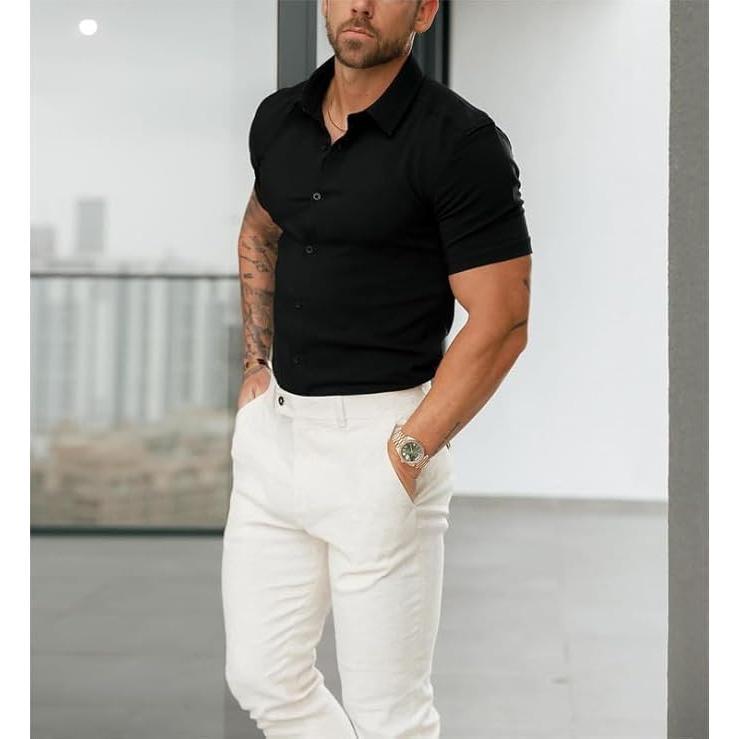 Men’s Muscle Fit Dress Shirts Athletic Slim Fit Short Sleeve Stretch Casual Button Down Shirt