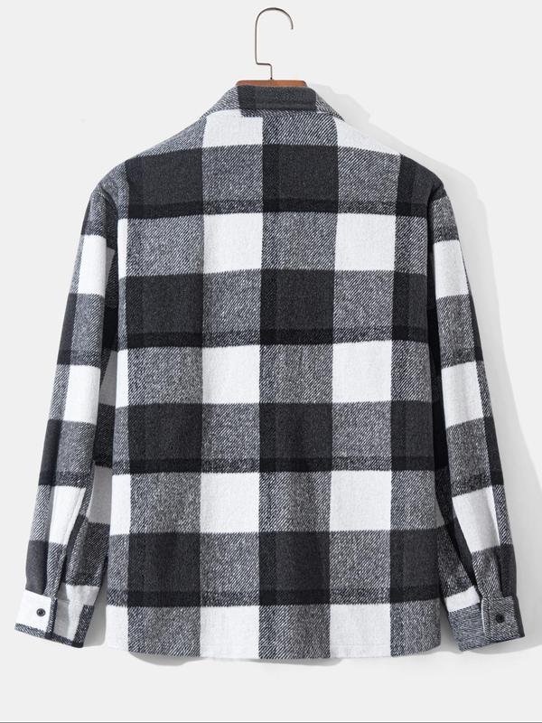 Men's Random Plaid Print Button Front Flap Pocket Shirt Jacket, Loose Casual Long Sleeve Collared Outerwear for Fall & Winter, Men's Clothes for Daily Wear