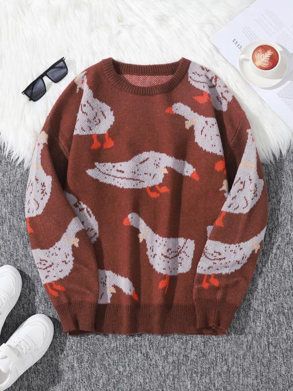 Unisex Men's Cartoon Duck Print Drop Shoulder Sweater, Fashion Round Neck Long Sleeve Jumper, Men Clothing for Daily Wear Fall Sweaters Tops