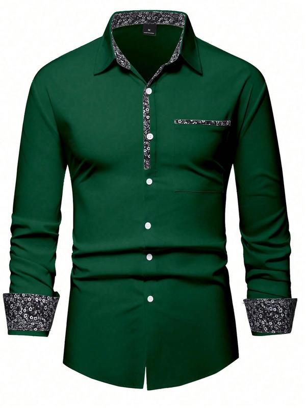 Men's Patchwork Floral Print Button Front Shirt, Regular Fit Long Sleeve Collared Top for Business Formal Occasions, Fashion Men's Clothes for All Seasons