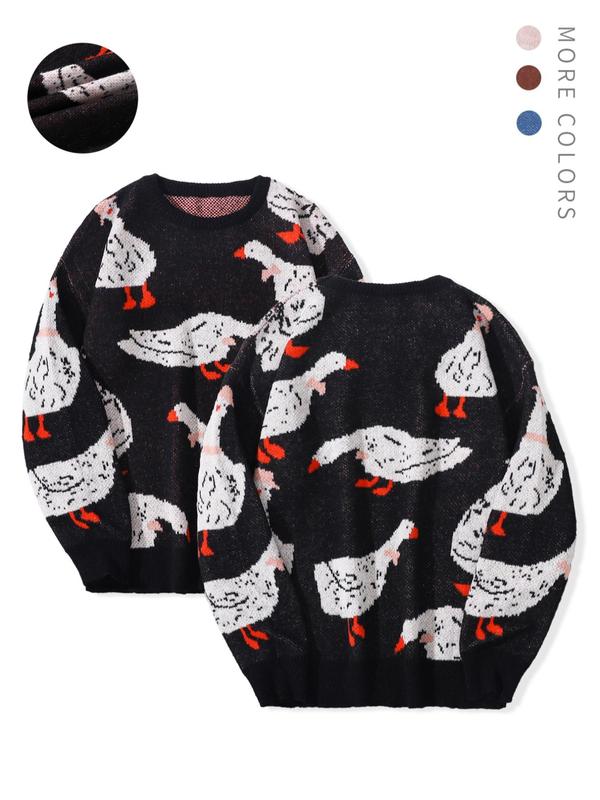 Unisex Men's Cartoon Duck Print Drop Shoulder Sweater, Fashion Round Neck Long Sleeve Jumper, Men Clothing for Daily Wear Fall Sweaters Tops