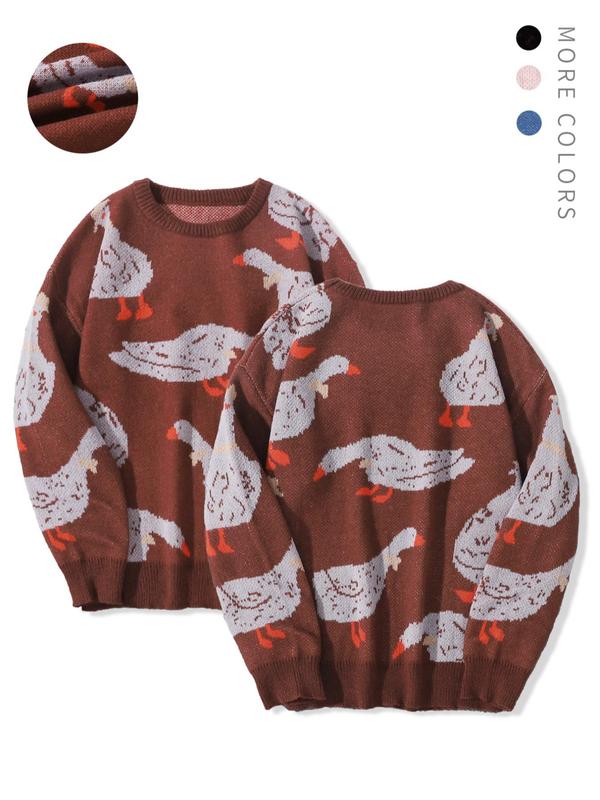 Unisex Men's Cartoon Duck Print Drop Shoulder Sweater, Fashion Round Neck Long Sleeve Jumper, Men Clothing for Daily Wear Fall Sweaters Tops